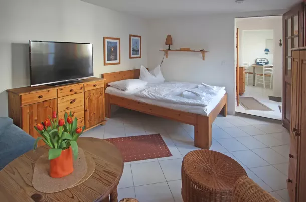 Schlaf- und Wohnbereich mit Doppelbett, Kommode und TV